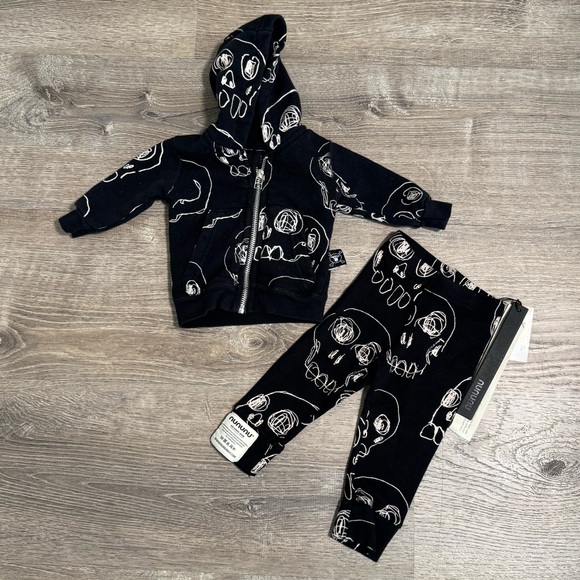 Nununu black Scribbled Skulls Leggings 0-6 months & zip up 0-3 months - Picture 1 of 8
